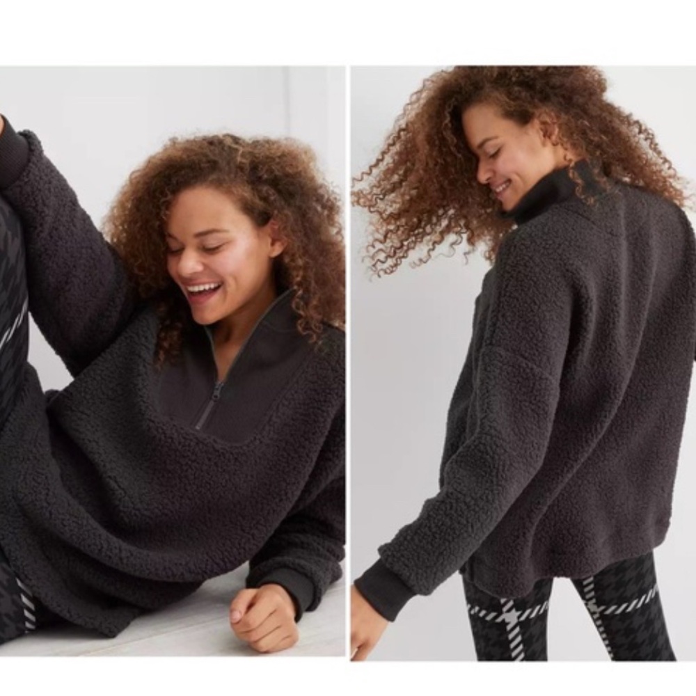 Aerie Black Mixed Media Sherpa Quarter-Zip Pullover